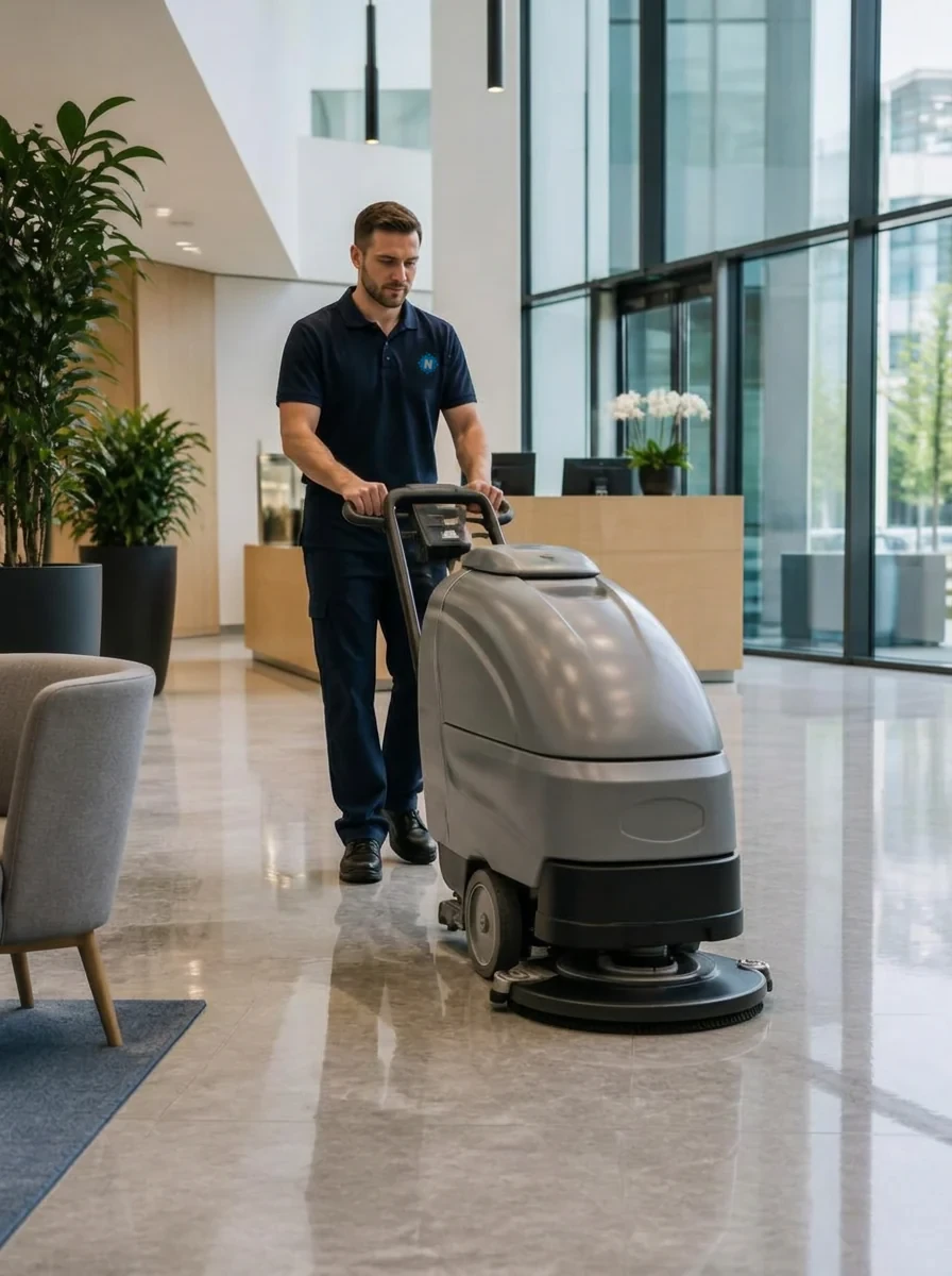 New Era team member in a navy uniform operating a professional grey floor scrubber across the polished floor of a modern corporate office lobby
