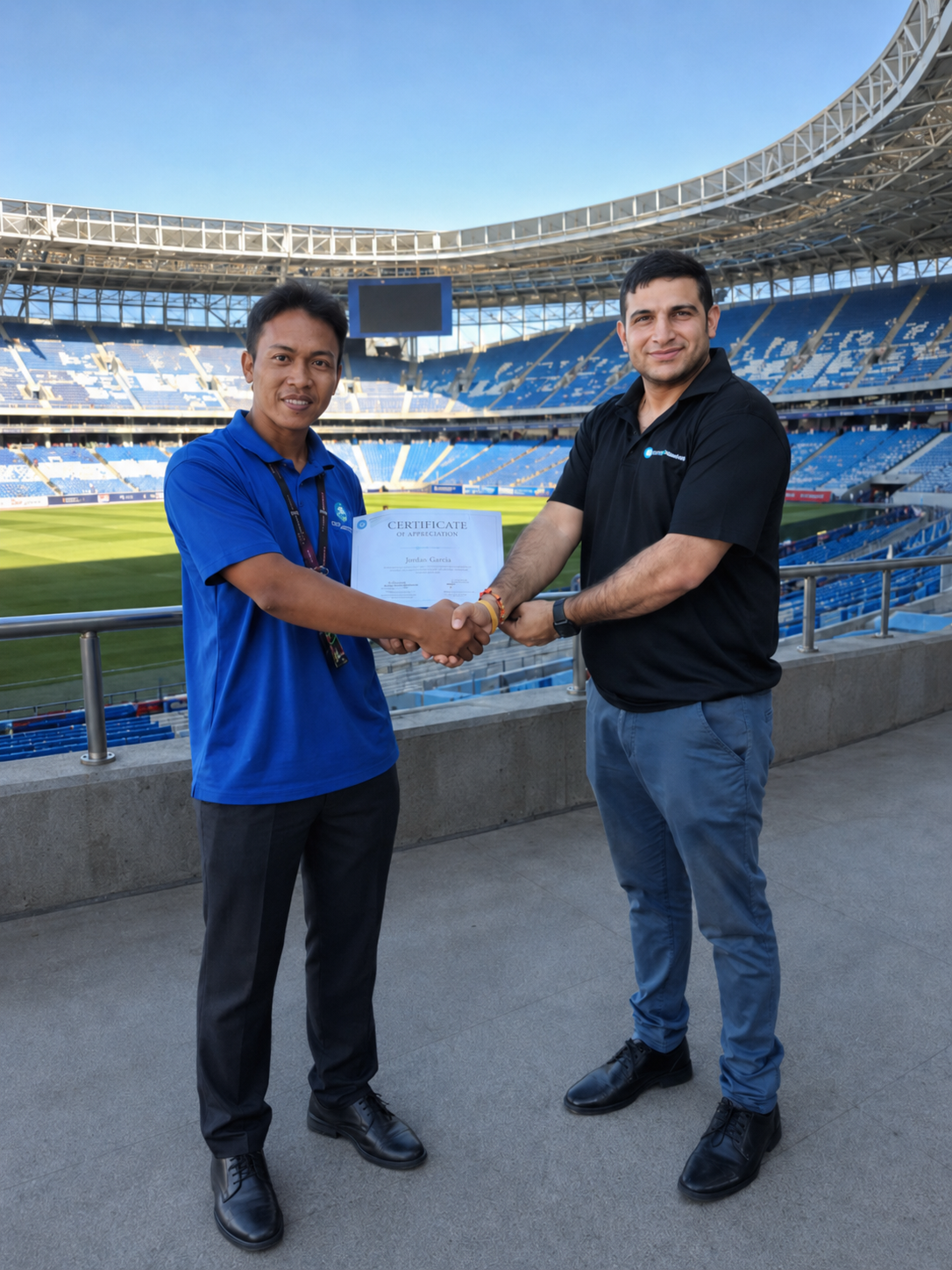 A New Era manager presenting a certificate of appreciation to a team member at a stadium venue