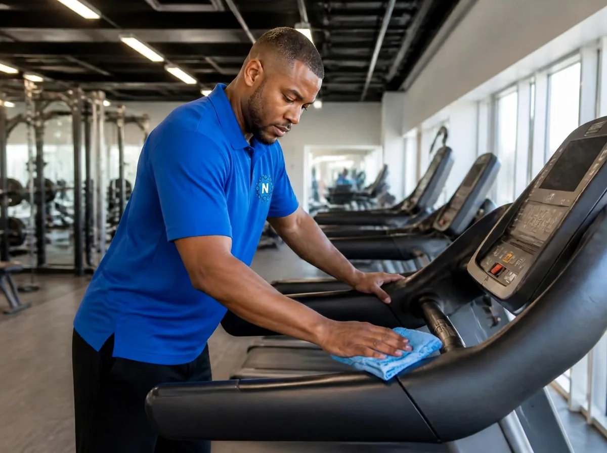 Cleaner wiping down gym cardio equipment in a modern health club, representative of fitness and wellness facility cleaning