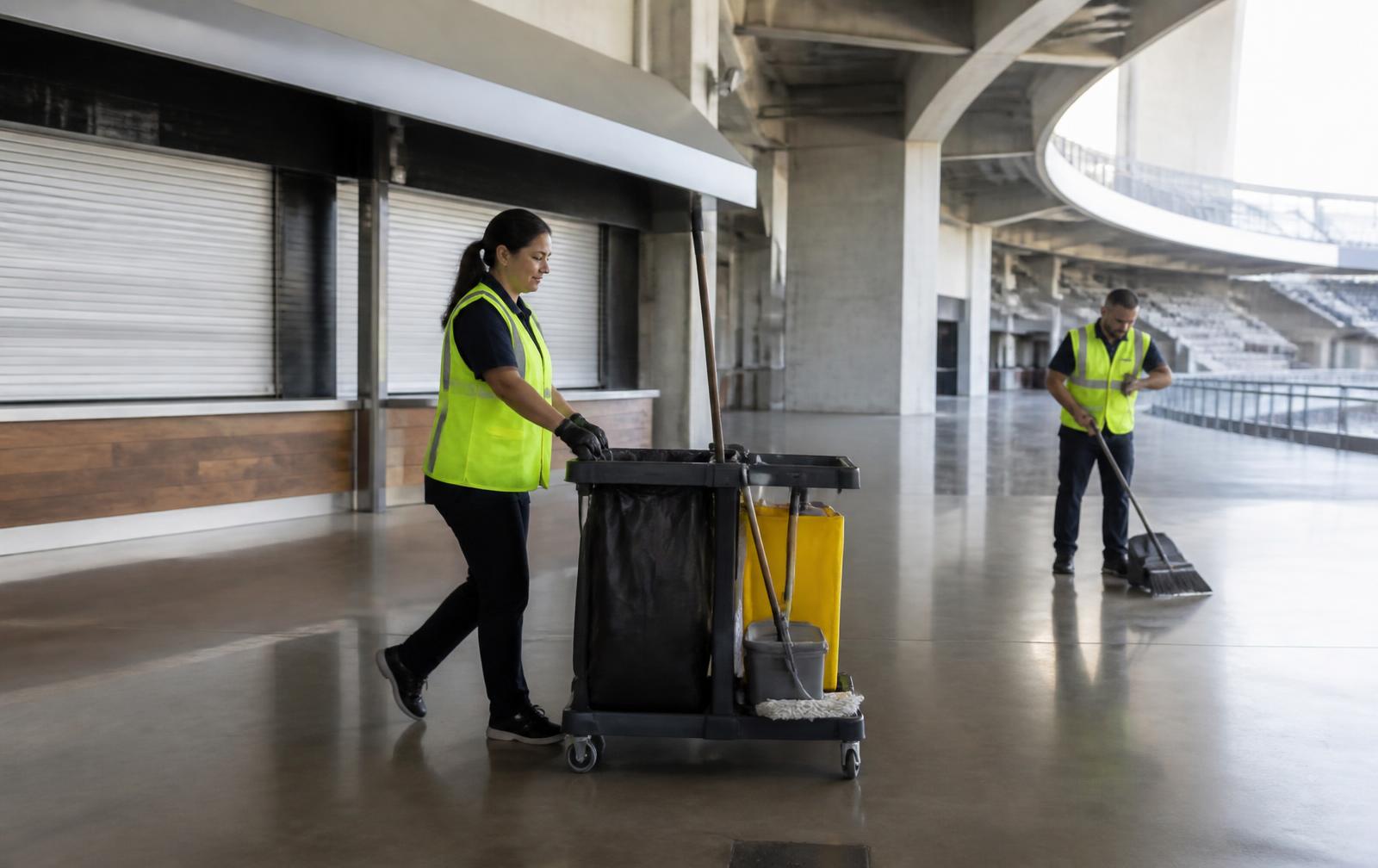 Two cleaners in navy uniforms and high-visibility vests servicing a wide stadium concourse between events, representative of major venue day-to-day operations