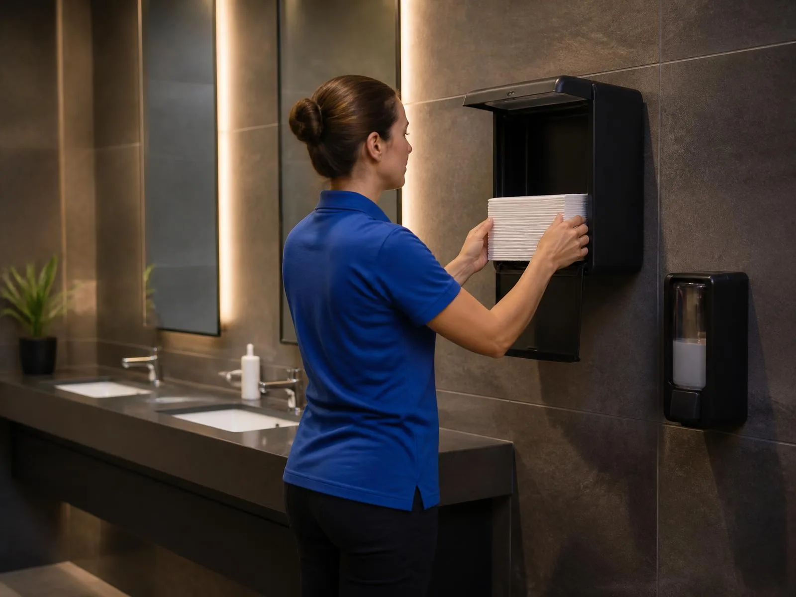 Attendant restocking a paper dispenser in a premium commercial washroom, representative of hygiene and washroom servicing