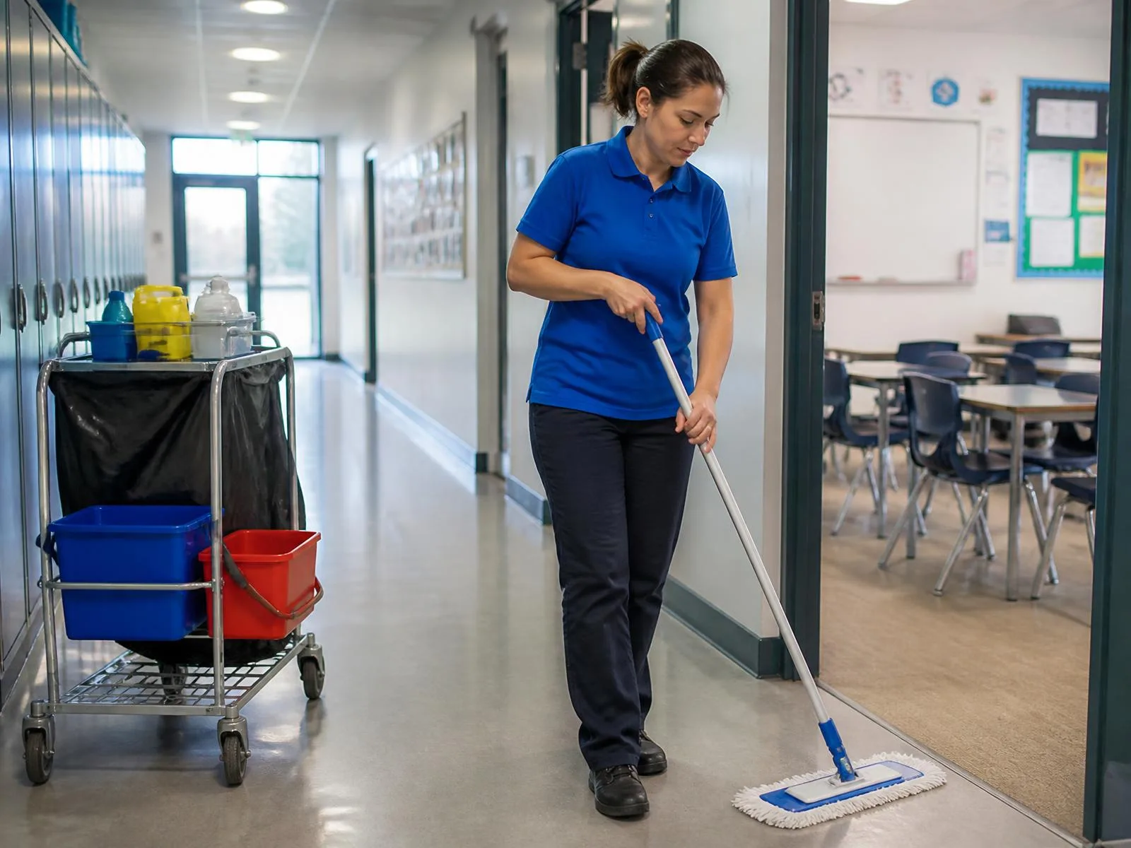 Cleaner mopping a bright school corridor beside a classroom, representative of education facility cleaning