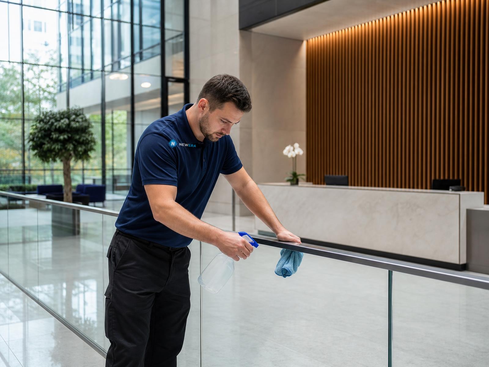 A New Era team member in a branded navy polo detail-cleaning a glass balustrade in the foyer of a modern corporate office building