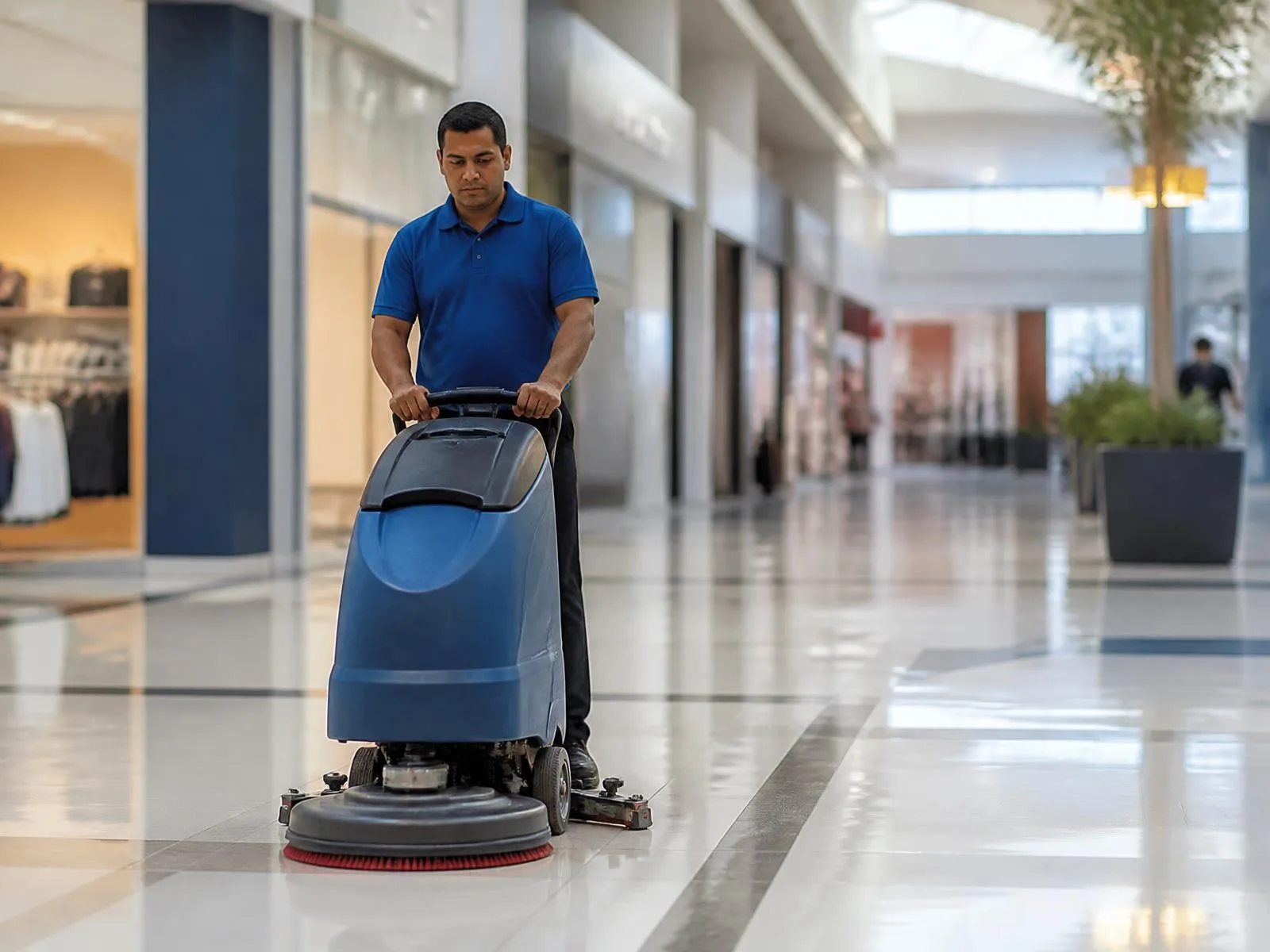 Operator running a floor scrubber across a polished shopping centre mall walkway, representative of retail centre presentation