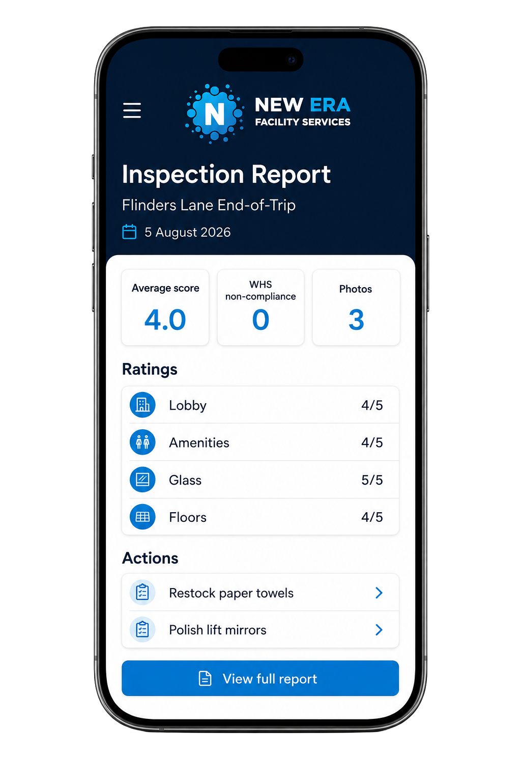 NEXUS inspection report on a phone showing an average score, area ratings and follow up actions