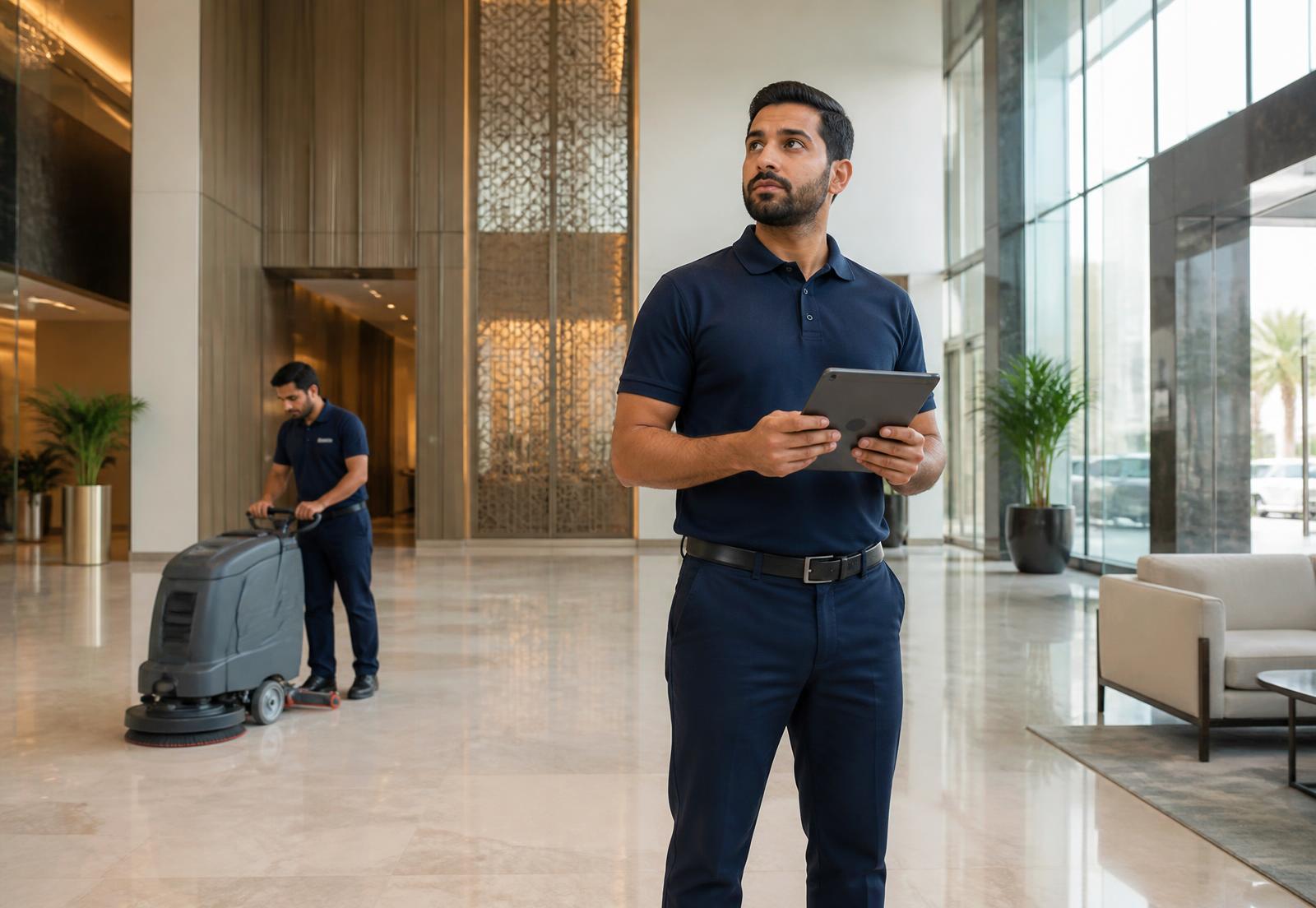 A New Era manager carrying out a site inspection with a tablet while a team member operates a floor scrubber in a modern Dubai commercial lobby